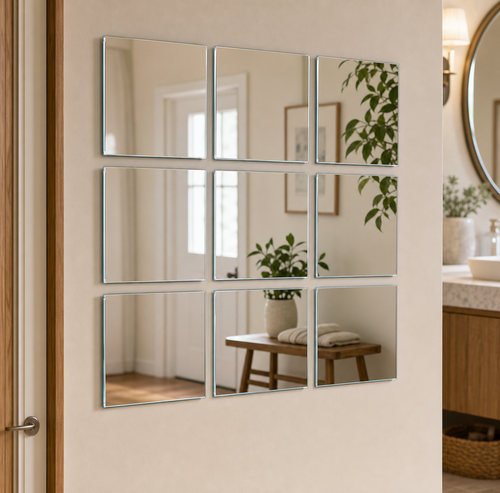 Cozy Haven Acrylic Mirror Wall Sticker Collection - Square Grid - 9 Piece Set