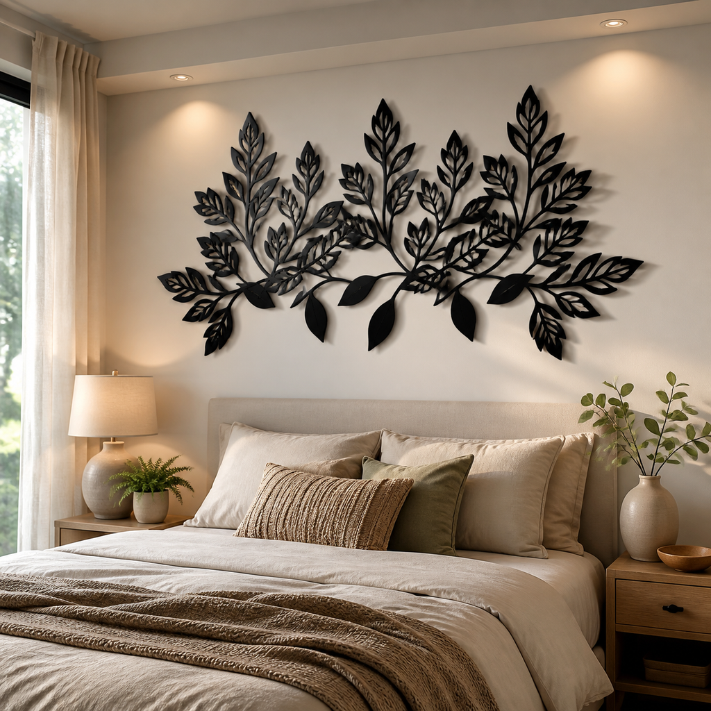 Close view of the layered cut leaves set at different depths off the wall