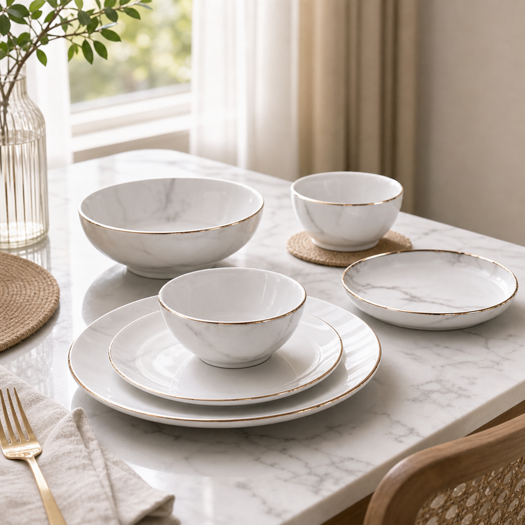 Cozy Haven White Marble Dinnerware 1/2/4/6/8 Person Set lifestyle image 6