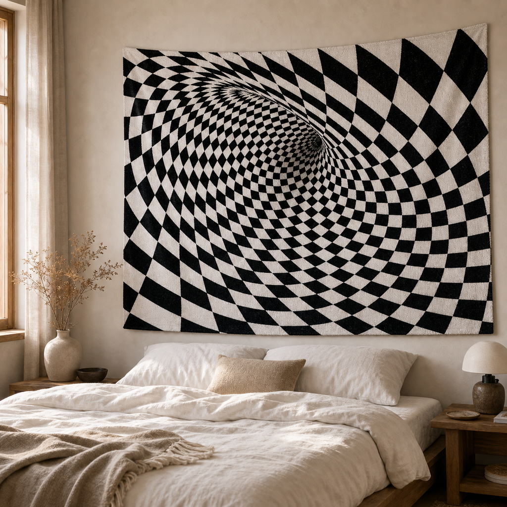 Cozy Haven Checker Woven Wall Tapestry styled wall decor view 2