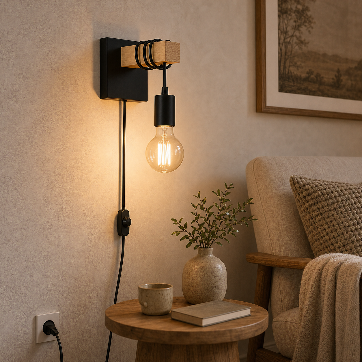 Cozy Haven Black Plug In Wall Sconce - EU Plug