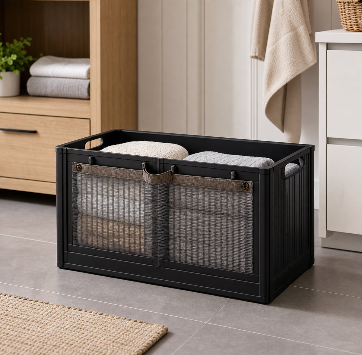 Cozy Haven Black Folding Door Storage Cabinet Collection styled in a home setting