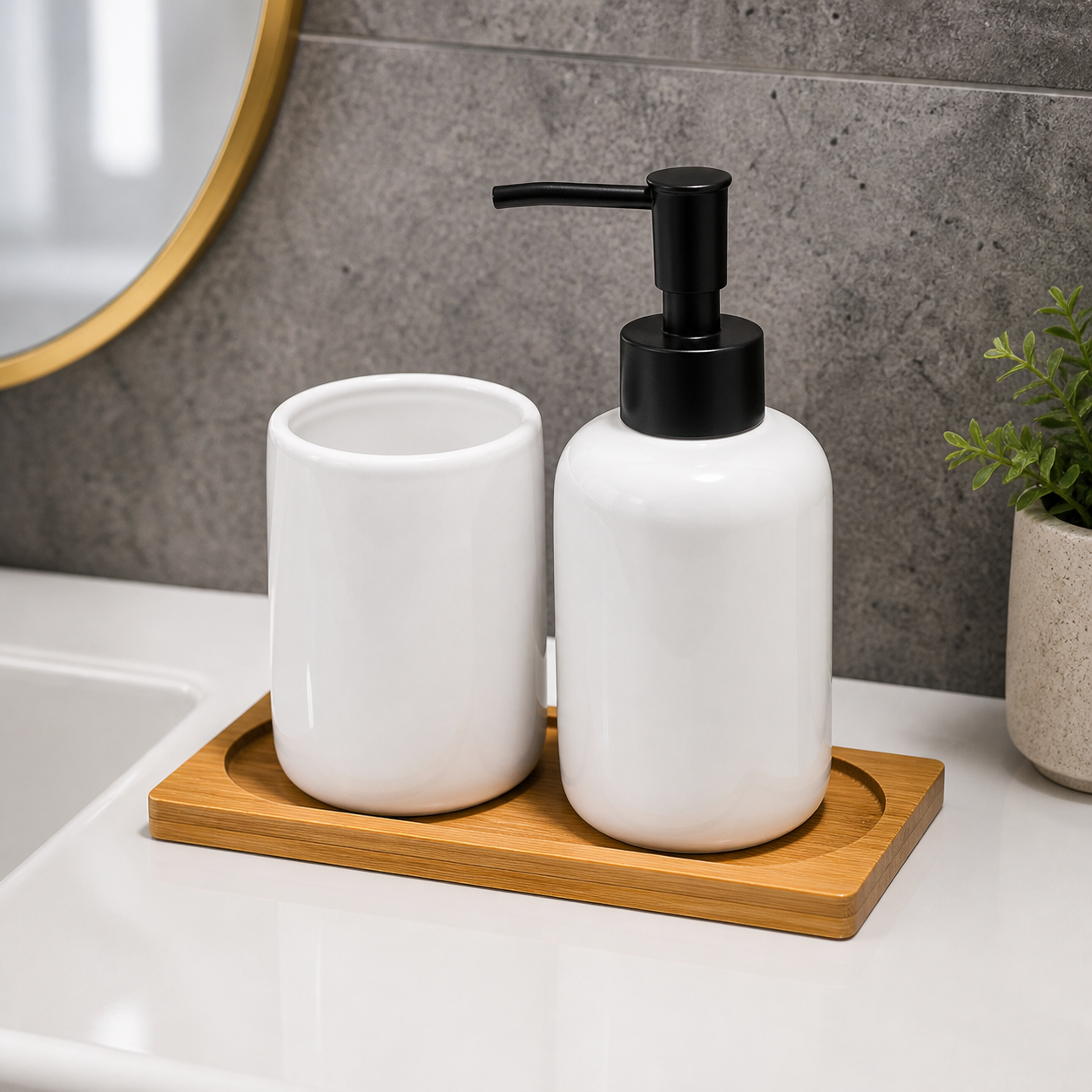 Cozy Haven White Ceramic Soap Dispenser Tray Set - 2-Piece Set