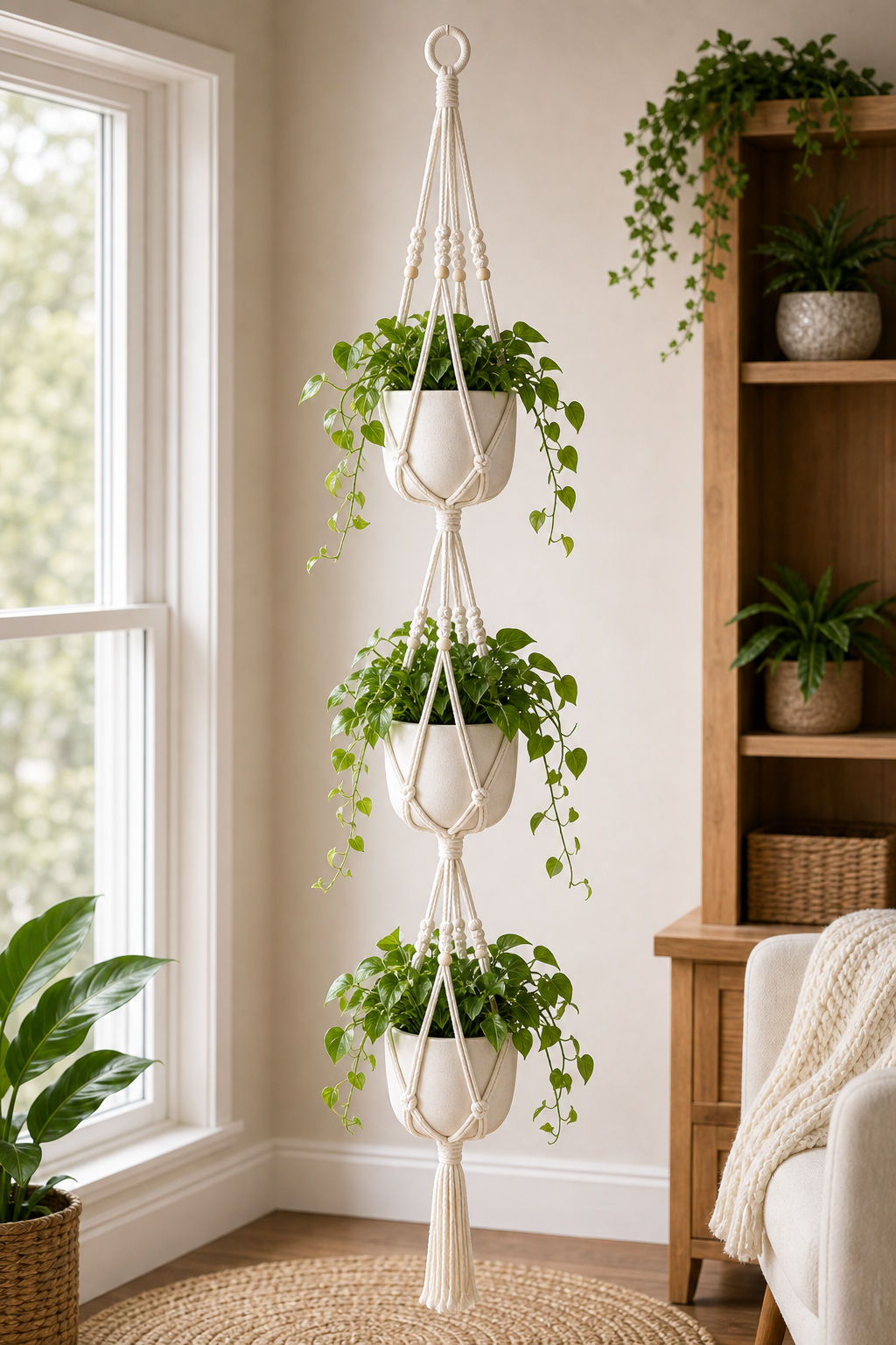 Cozy Haven Tiered Macrame Plant Hanger - Handmade Hanging Flower Pot Holder - 3 Tier
