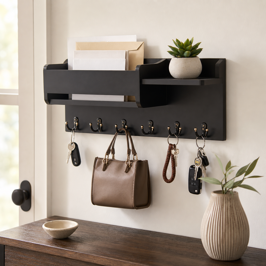 Cozy Haven Wood Wall Mounted Key Holder Organizer - 6 Hook Entryway Storage Rack with Shelf - Home Decor