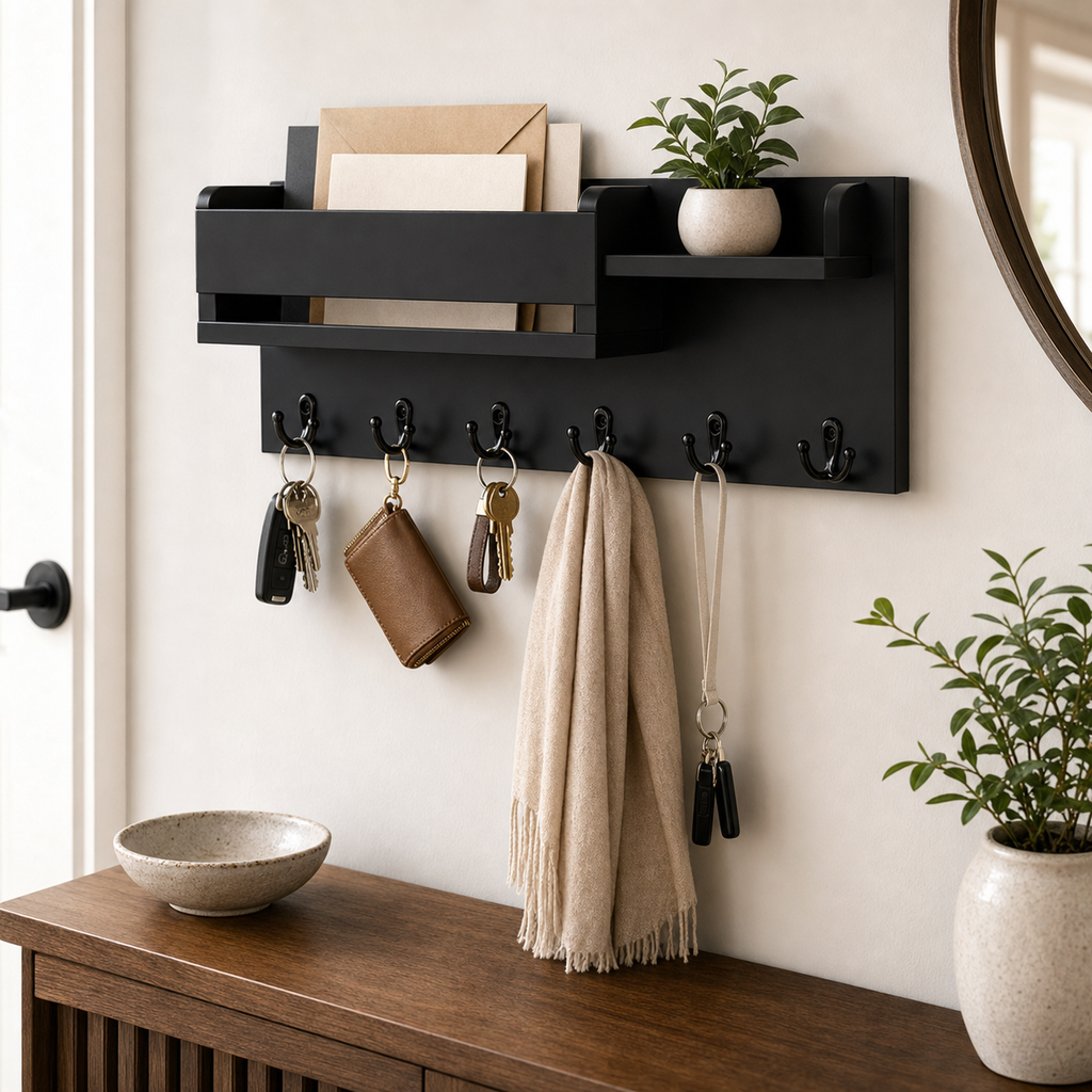 Cozy Haven Wood Wall Mounted Key Holder Organizer - 6 Hook Entryway Storage Rack with Shelf - Home Decor