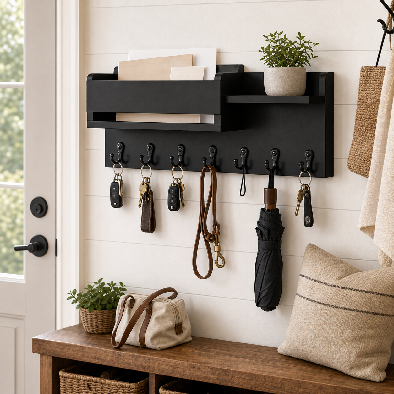 Cozy Haven Wood Wall Mounted Key Holder Organizer - 6 Hook Entryway Storage Rack with Shelf - Home Decor
