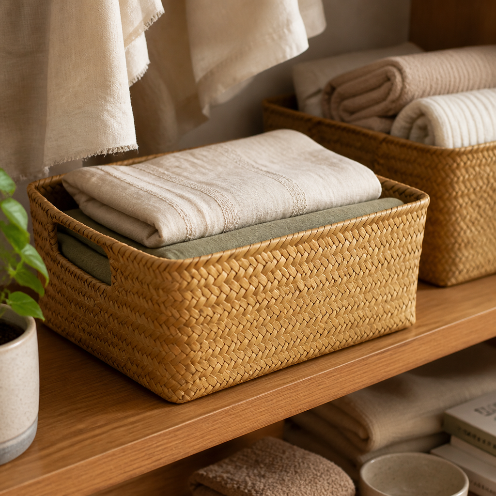 Cozy Haven Woven Seagrass Storage Basket organized storage view 4