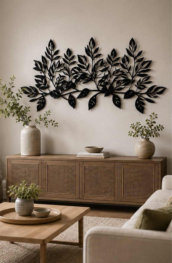 The wide branch silhouette on a study wall above a desk