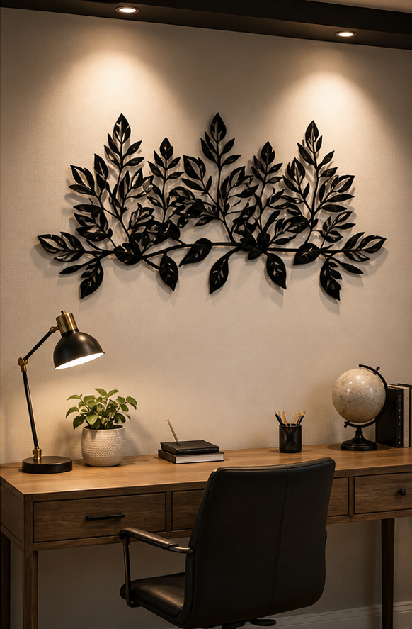 Full span of the matte black leaf-branch wall piece, wider than it is tall