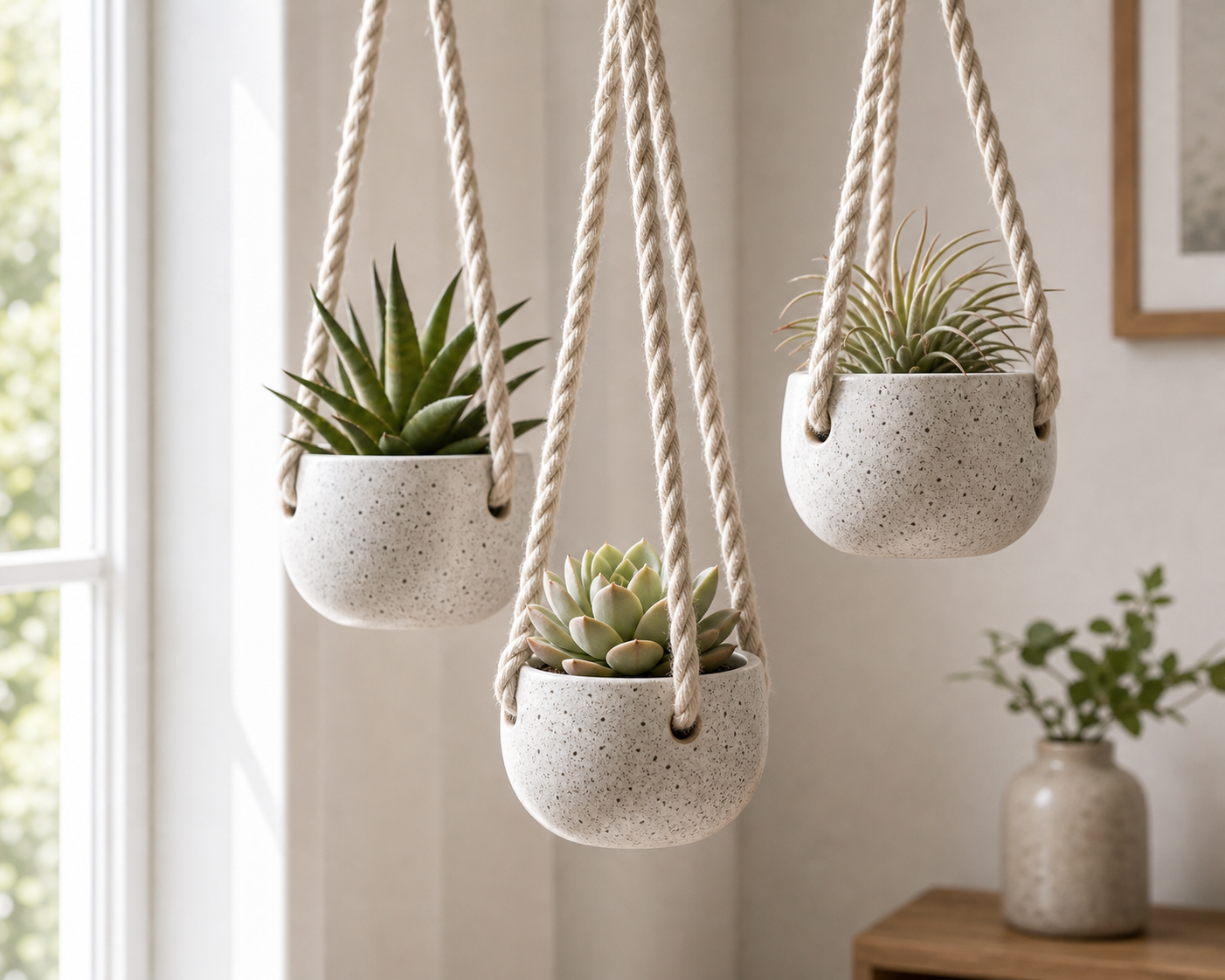 Cozy Haven Ceramic Hanging Planter Set - 3 Pack Modern Speckled Air Plant Holders with Rope - Home Garden - Cozy Haven product photo