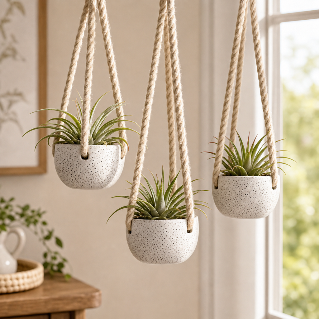 Cozy Haven Ceramic Hanging Planter Set - 3 Pack Modern Speckled Air Plant Holders with Rope - Home Garden - Cozy Haven product photo