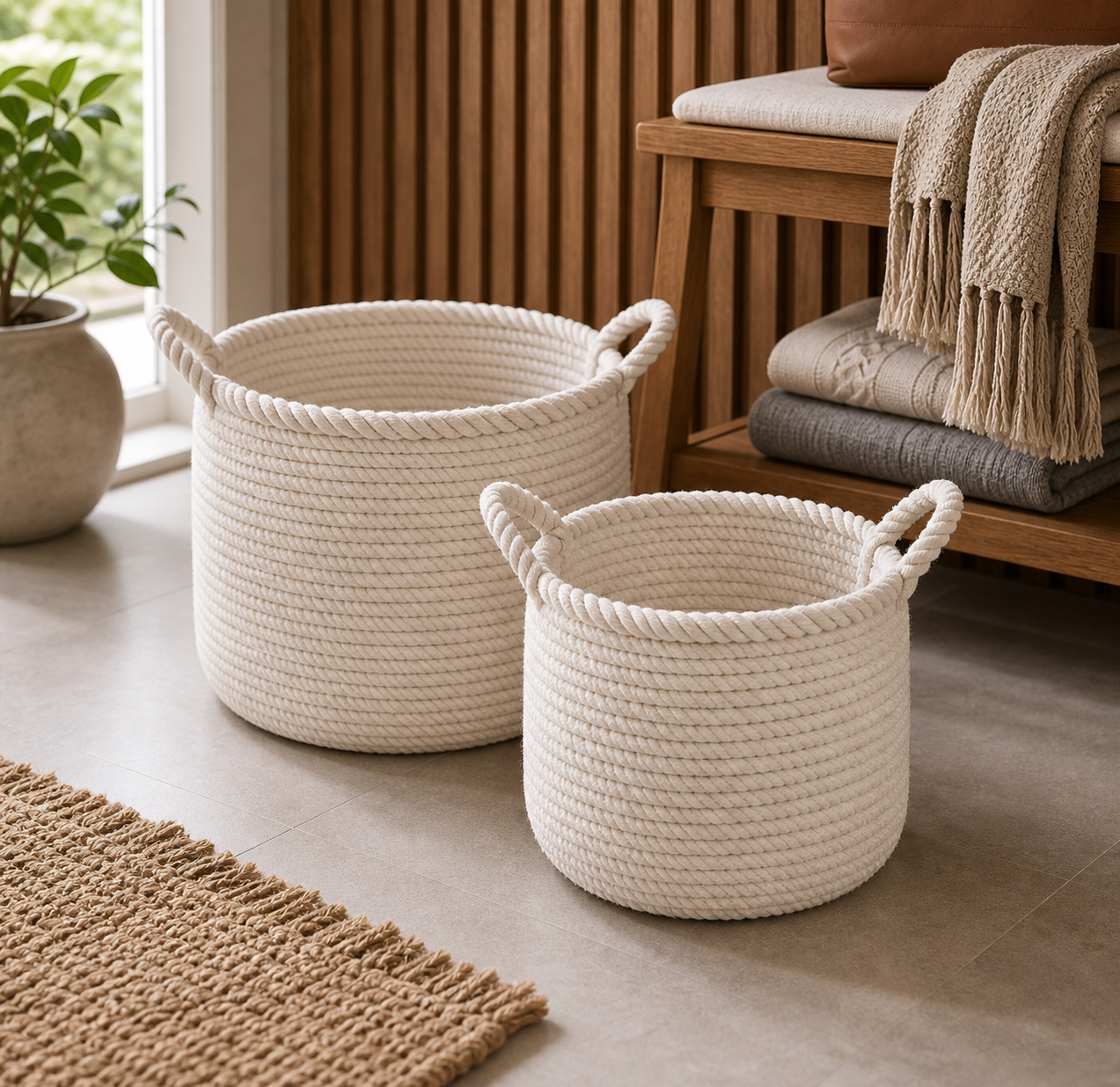 Cozy Haven Cotton Rope Decorative Storage Basket Set - Natural Two-Basket Set