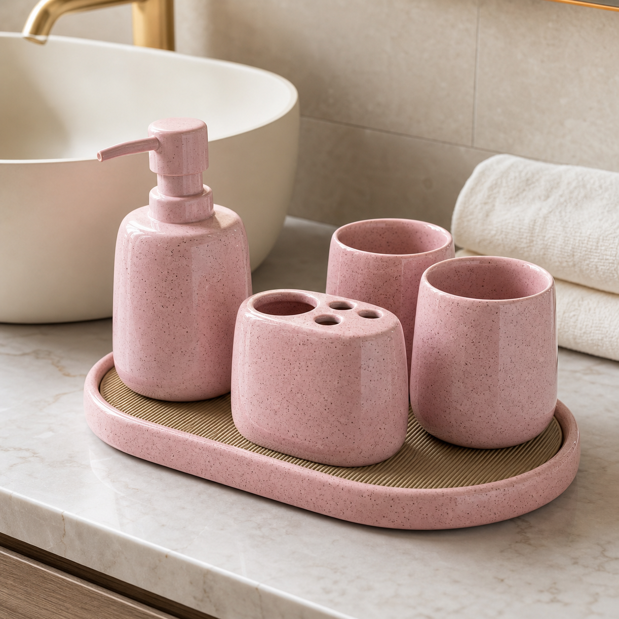 Cozy Haven Pink Ceramic Bathroom Accessories Set lifestyle image 1