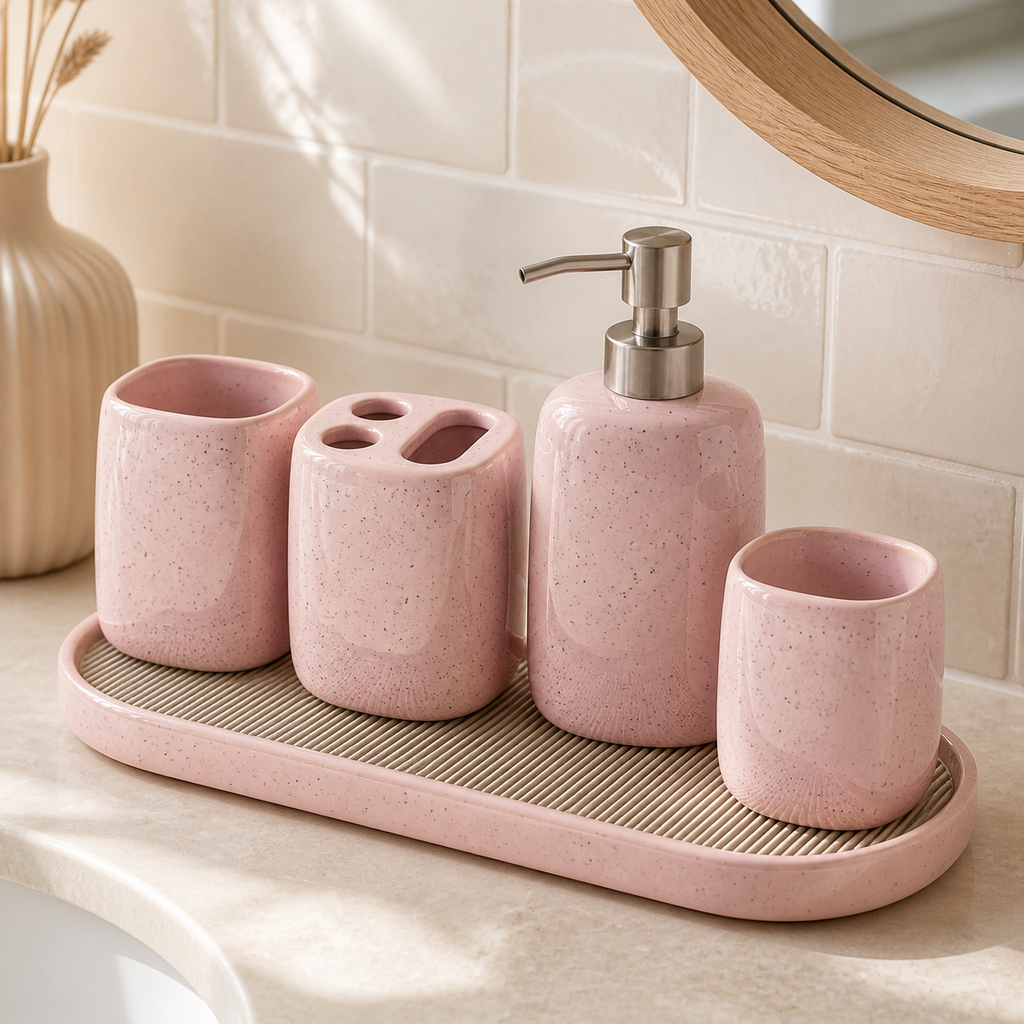Cozy Haven Pink Ceramic Bathroom Accessories Set lifestyle image 2