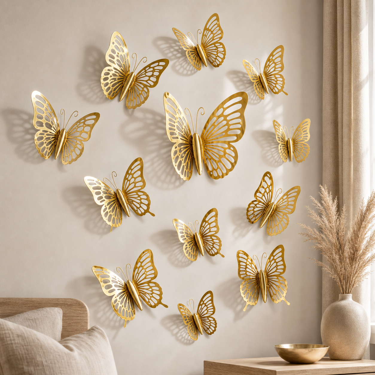 12-pack 3D metal butterfly wall decor set view 1 - Gold