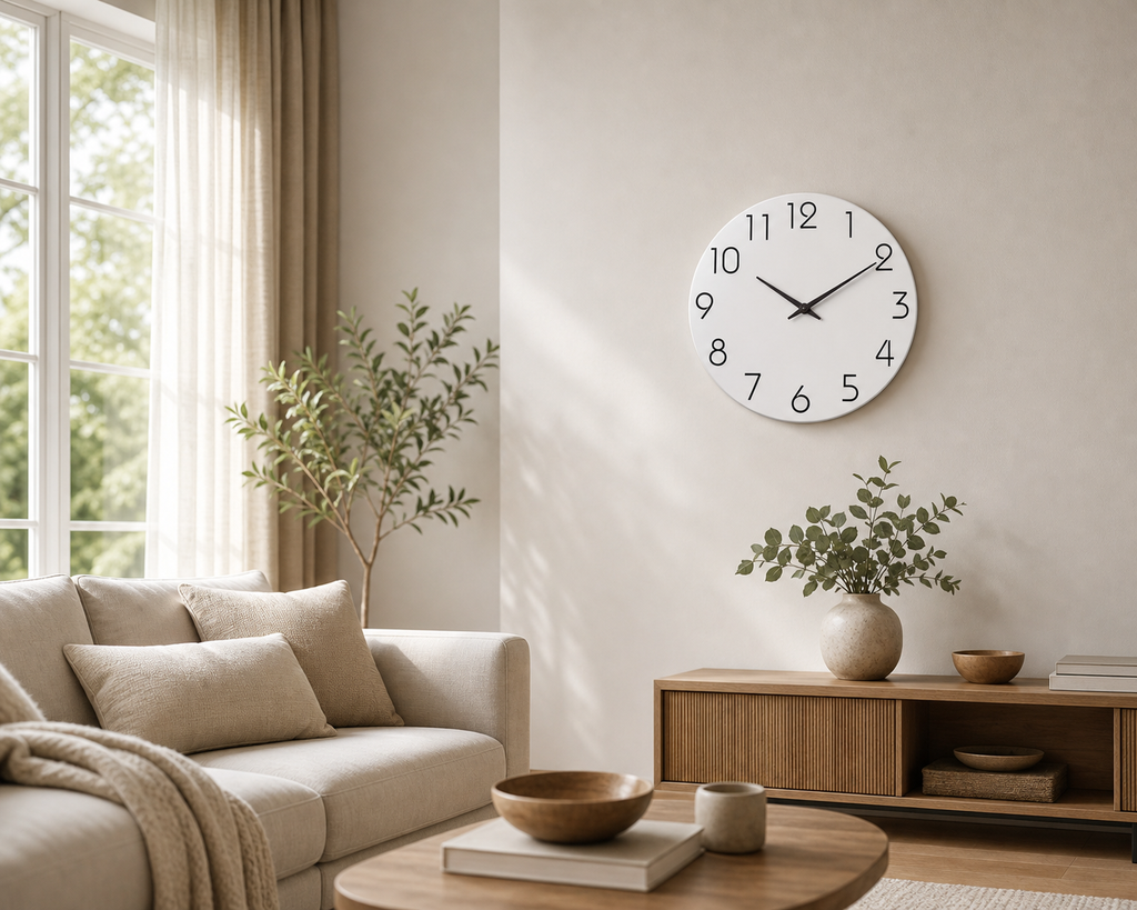 Cozy Haven Casual Modern White Pattern Wooden Wall Clock Living - Cozy Haven lifestyle image