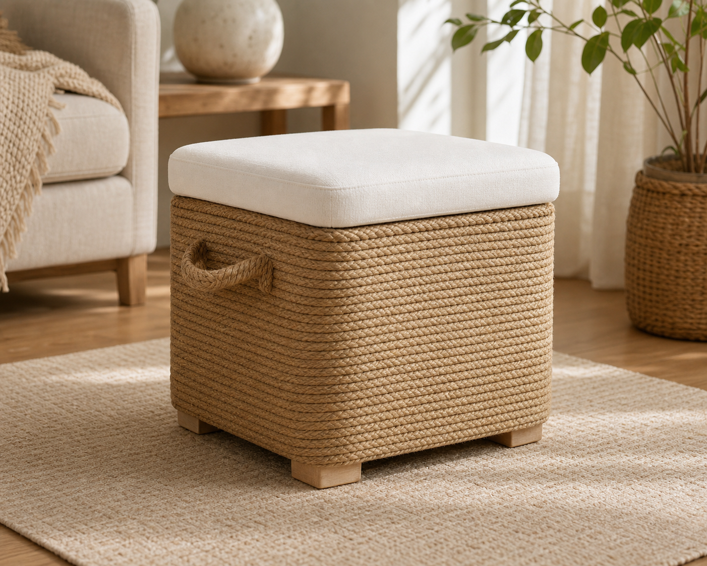 Cozy Haven Woven Rope Storage Ottoman styled in a warm living room