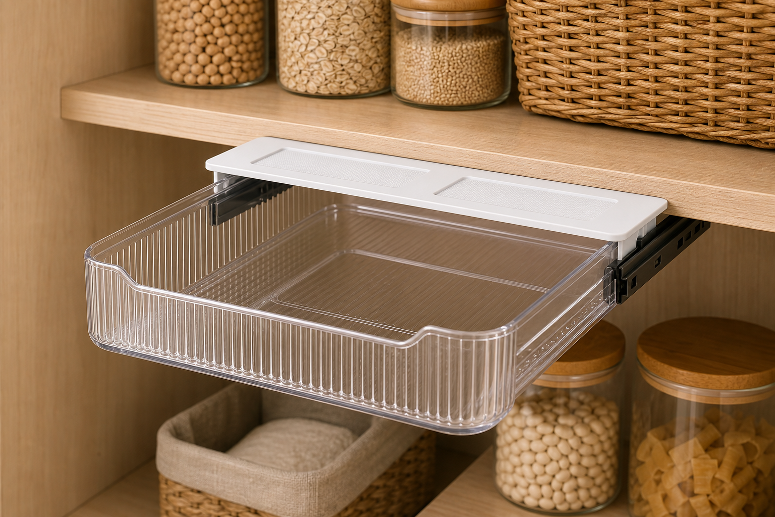 Cozy Haven Pull Out Cabinet Drawer Organizer half-extended on slide rails under a pantry shelf