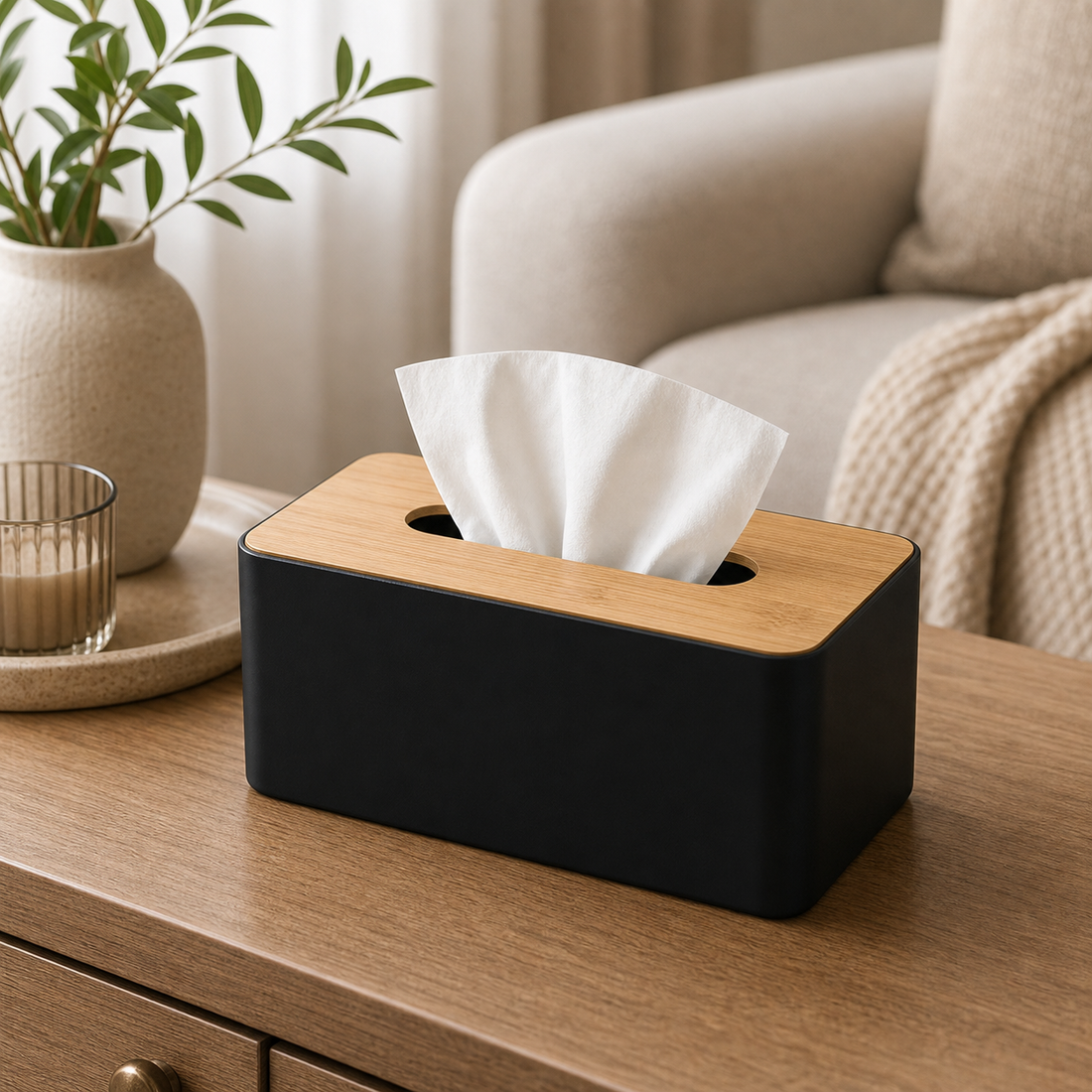 Tissue Box Cover — with Bamboo Lid - Black