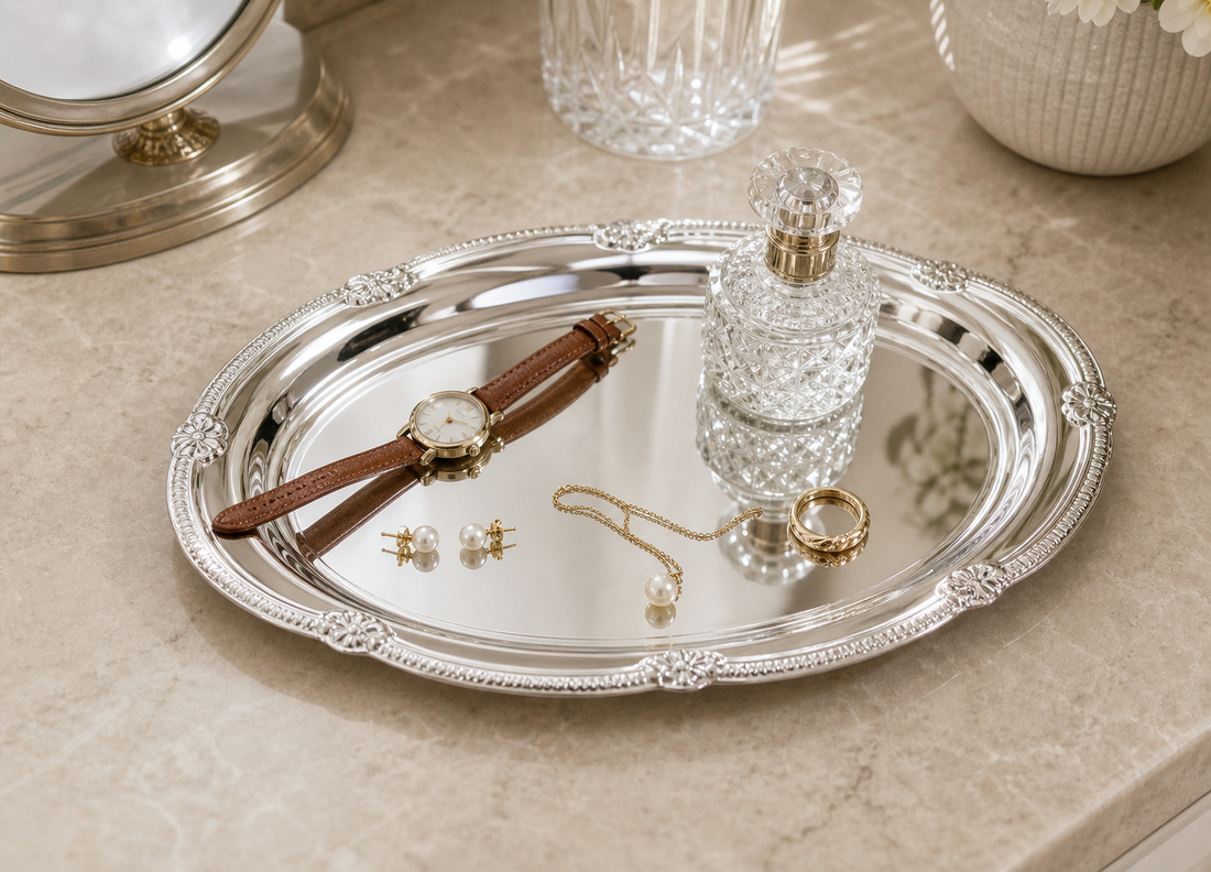 Vintage Embossed Oval Silver Tray