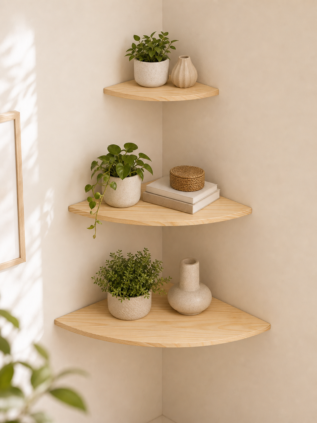 Cozy Haven Floating Corner Shelves Set - three light pine quarter-round shelves stacked in a bright corner