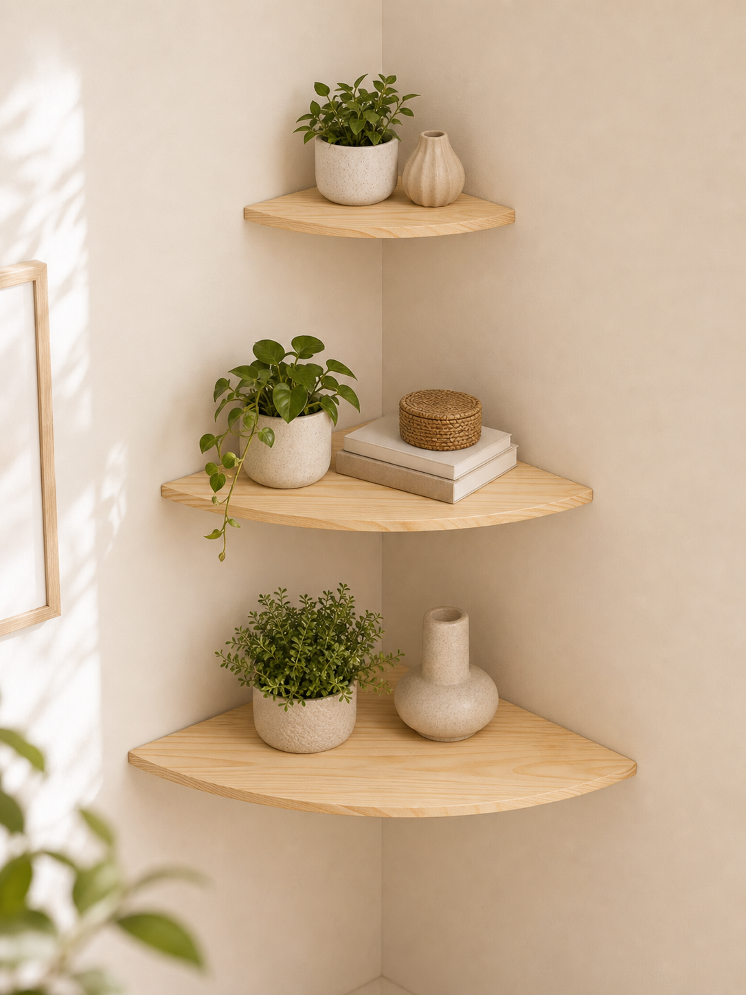 Cozy Haven Floating Corner Shelves Set - three light pine quarter-round shelves stacked in a bright corner