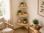 Cozy Haven Floating Corner Shelves Set - styled in a warm neutral living room corner