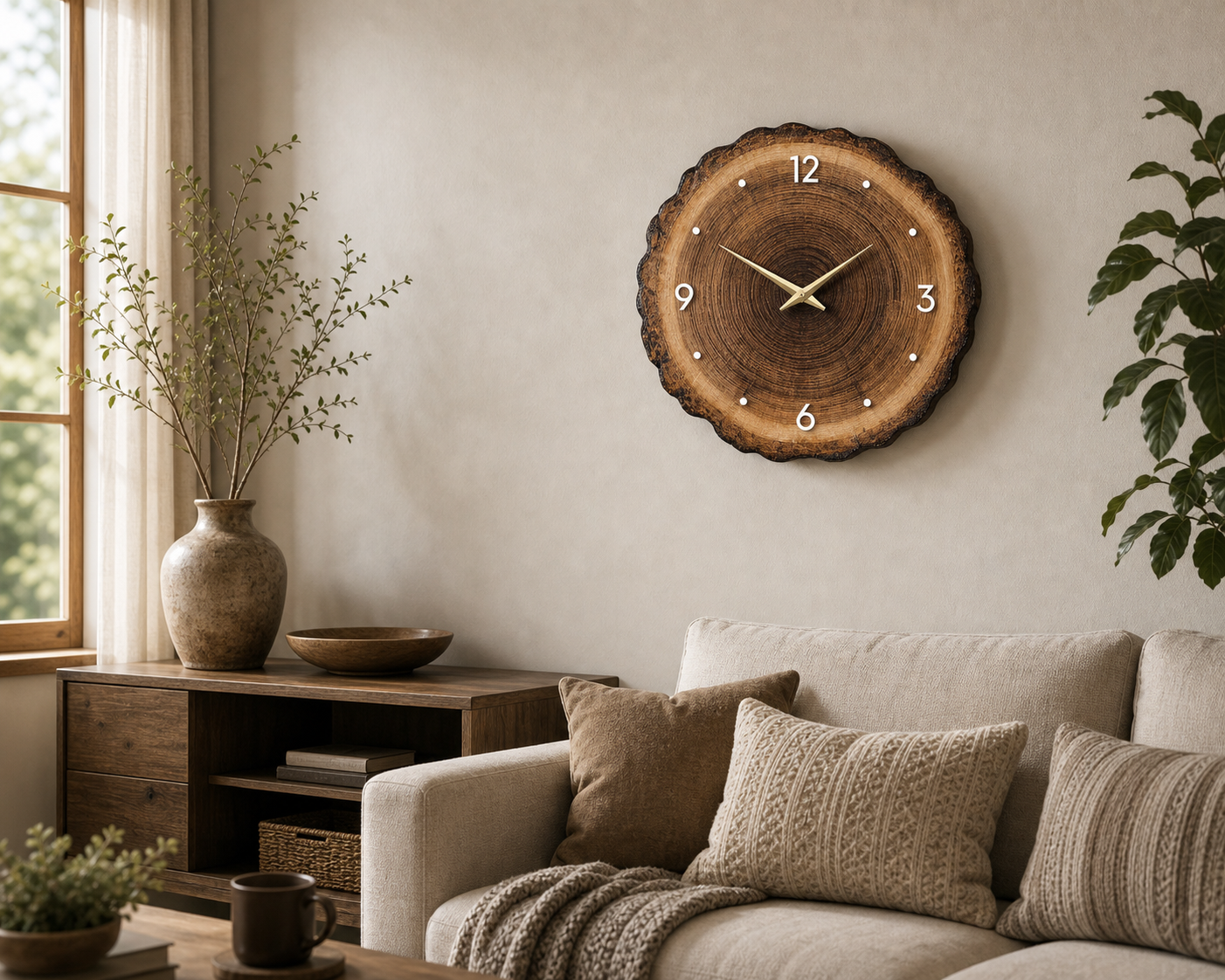 Cozy Haven Wooden Ring Veneer Wall Clock, Flat Wood Cross Sectio - Cozy Haven lifestyle image