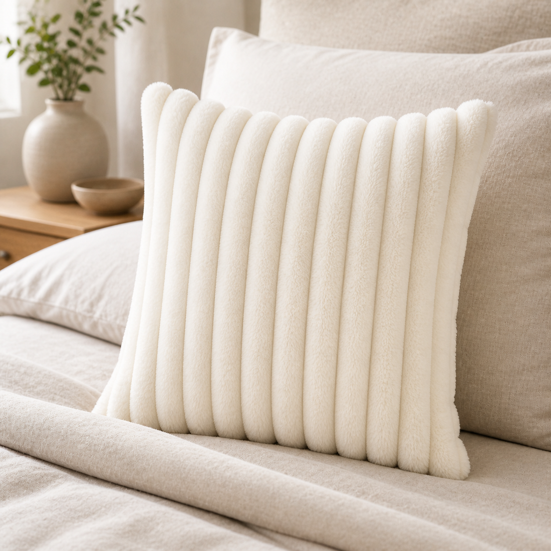 Ribbed Faux Fur Cushion Cover - Cream