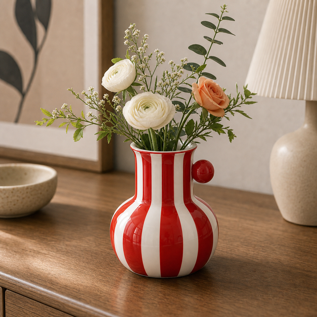 Ceramic Vase — Striped - Red & White