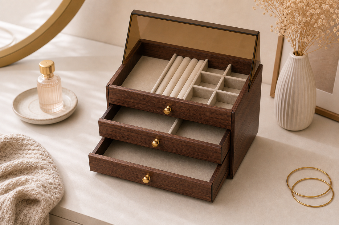 Jewelry Organizer — Premium Dustproof Walnut Wooden Box