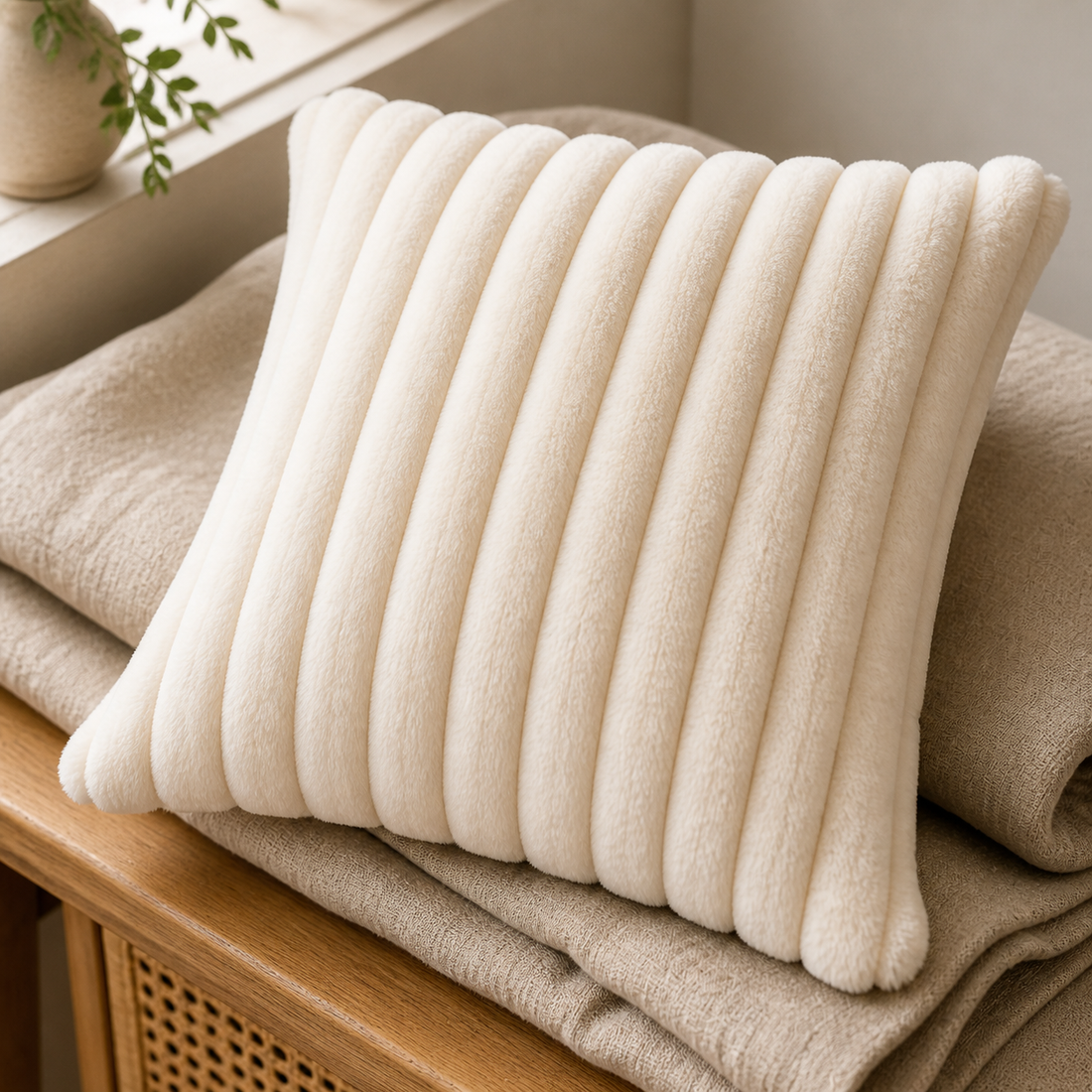 Ribbed Faux Fur Cushion Cover - Cream