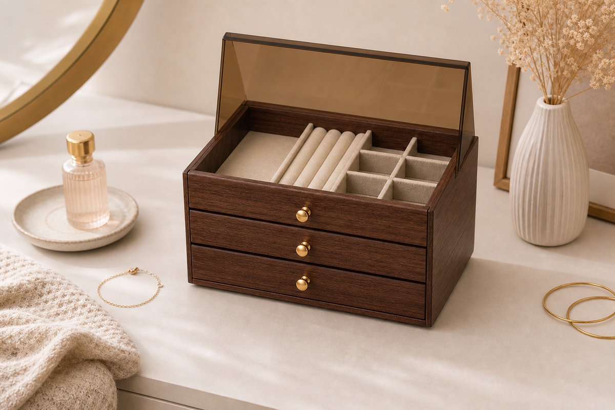 Cozy Haven Premium Dustproof Walnut Wooden Jewelry Organizer Box product detail