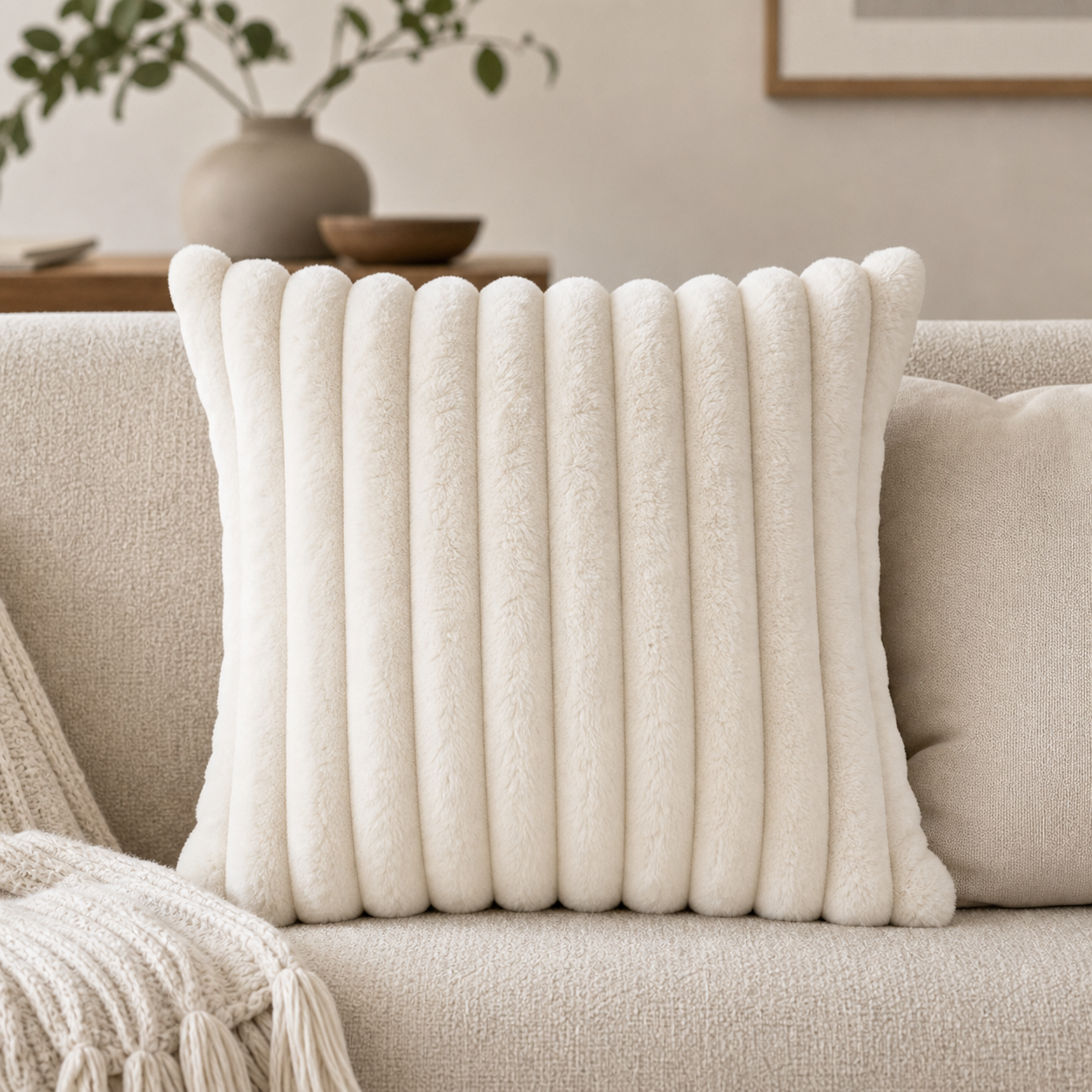 Cozy Haven Faux Rabbit Fur Square Cushion Cover Big Thick Stripe - Cozy Haven lifestyle image