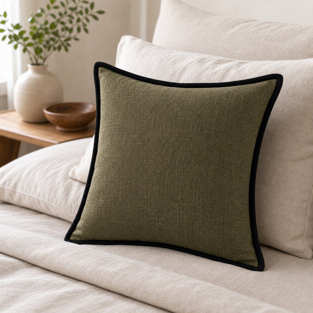 Black-Border Pillow Cover - Olive Green