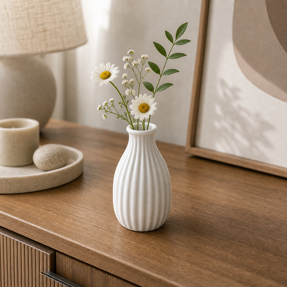 White Ribbed Mini Ceramic Vase