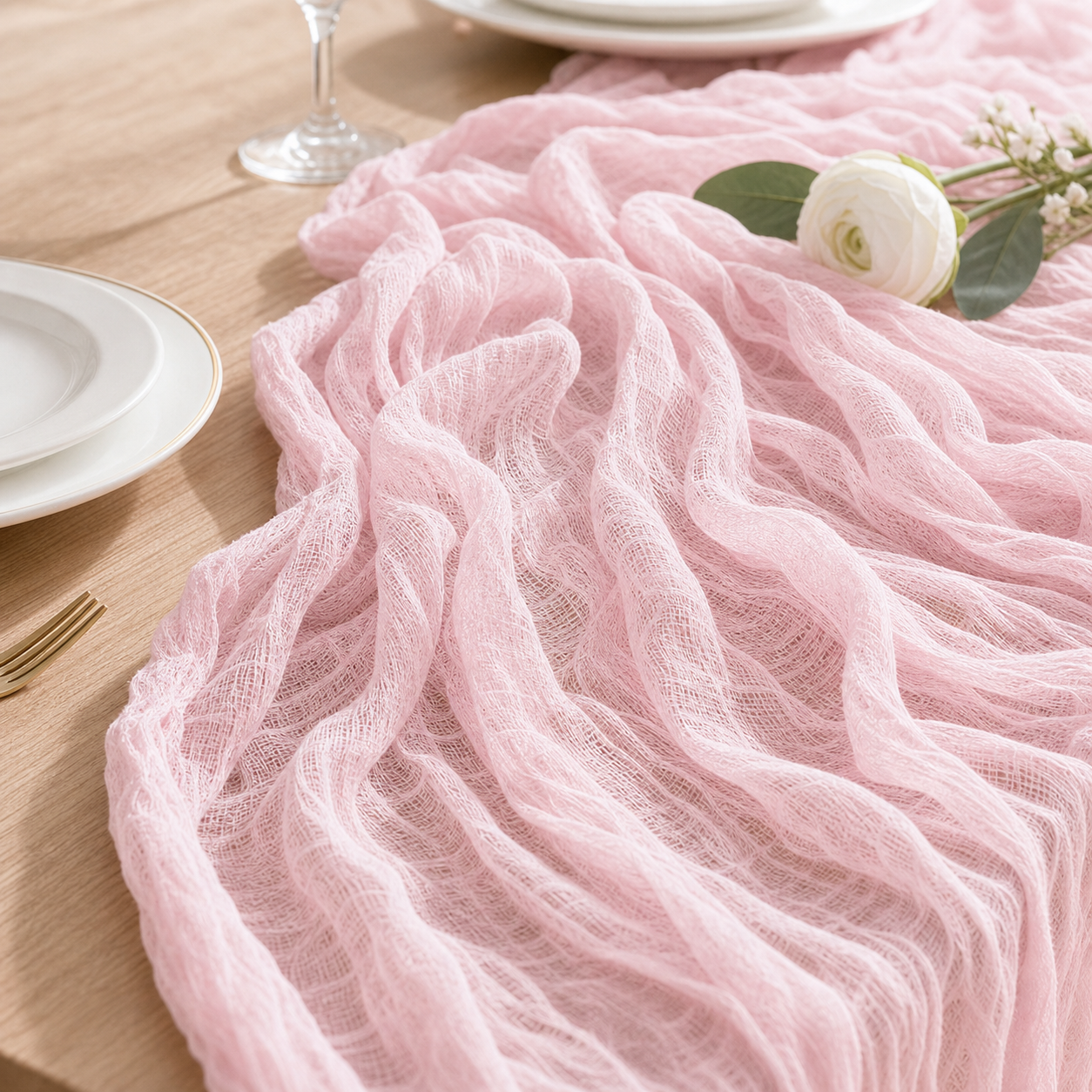 Cozy Haven * Light Pink Cheesecloth Table Runner Boh - Cozy Haven lifestyle image