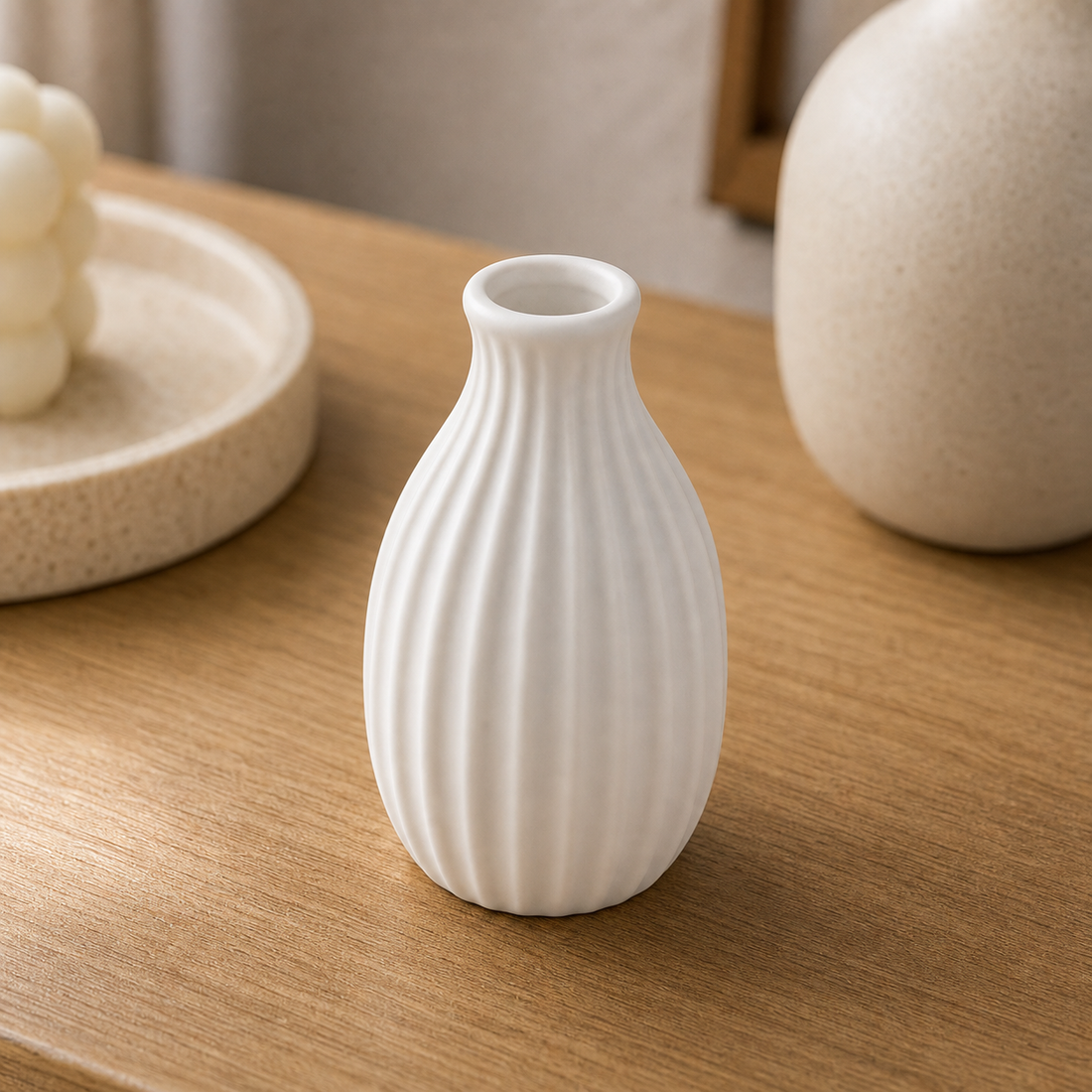 White Ribbed Mini Ceramic Vase