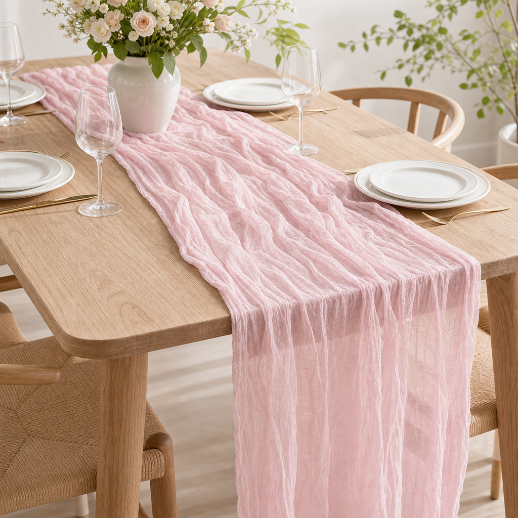 Cozy Haven * Light Pink Cheesecloth Table Runner Boh - Cozy Haven lifestyle image
