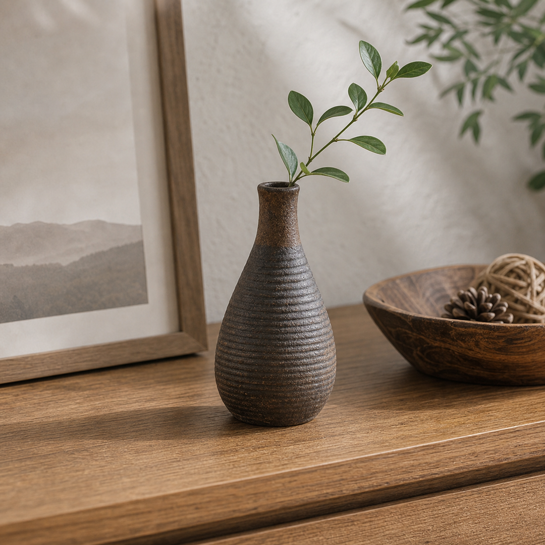 Rustic Pottery Bud Vase - Dark Brown