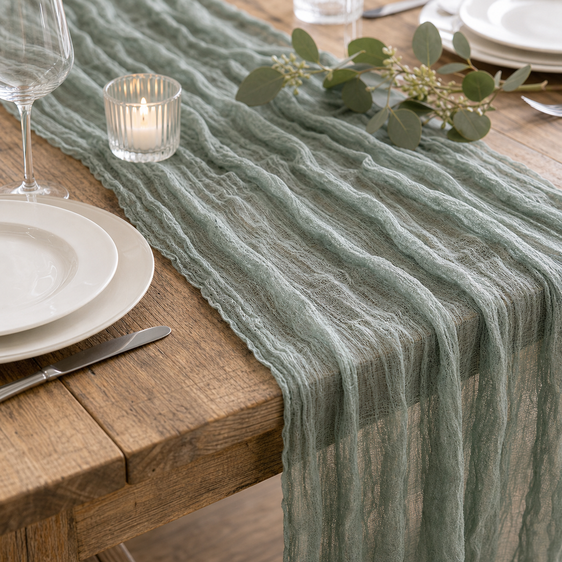 Rustic Gauze Table Runner - Sage Green