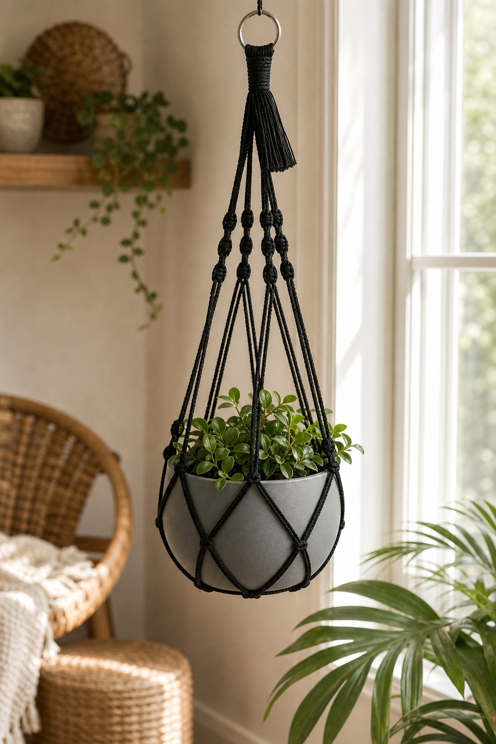 Cozy Haven Bohemian Plant Hangers Black White Macrame Holder - Cozy Haven lifestyle image