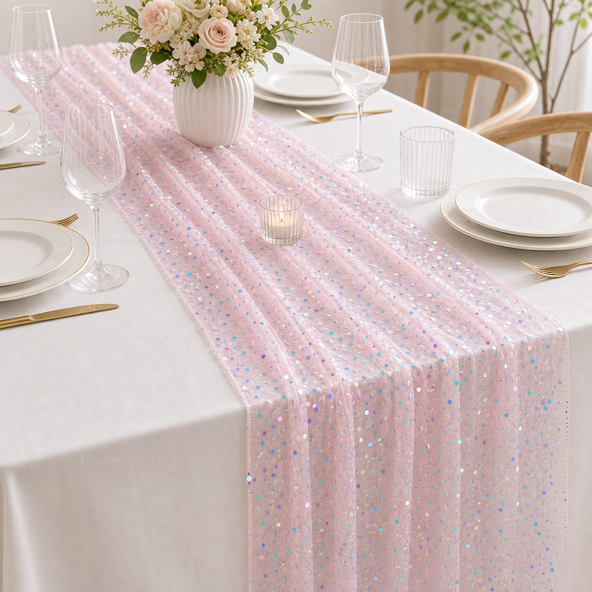 Cozy Haven Glitter Iridescent Sequin Table Runner,Soft Wedding D product detail