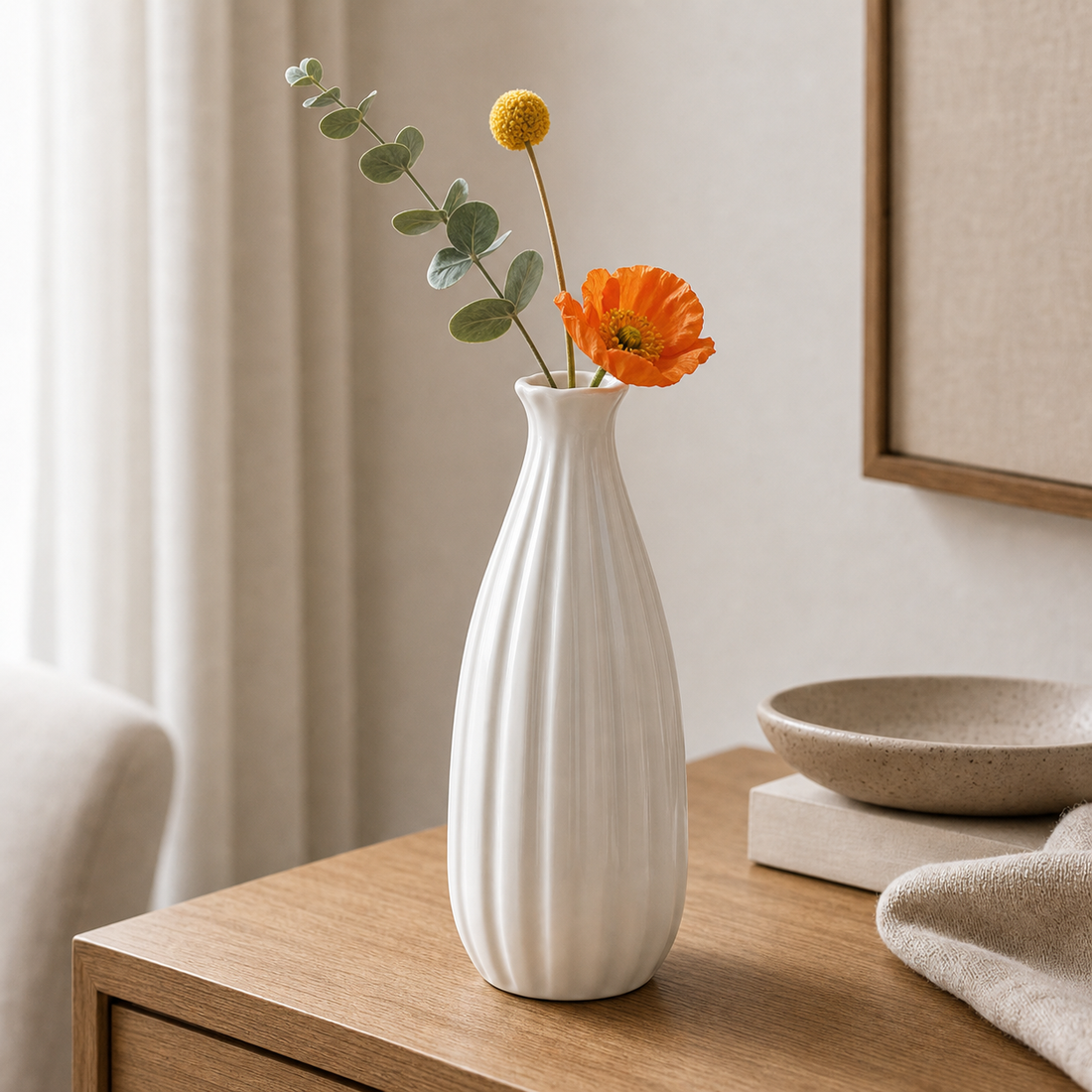 Cozy Haven White Ribbed Ceramic Bottle Vase