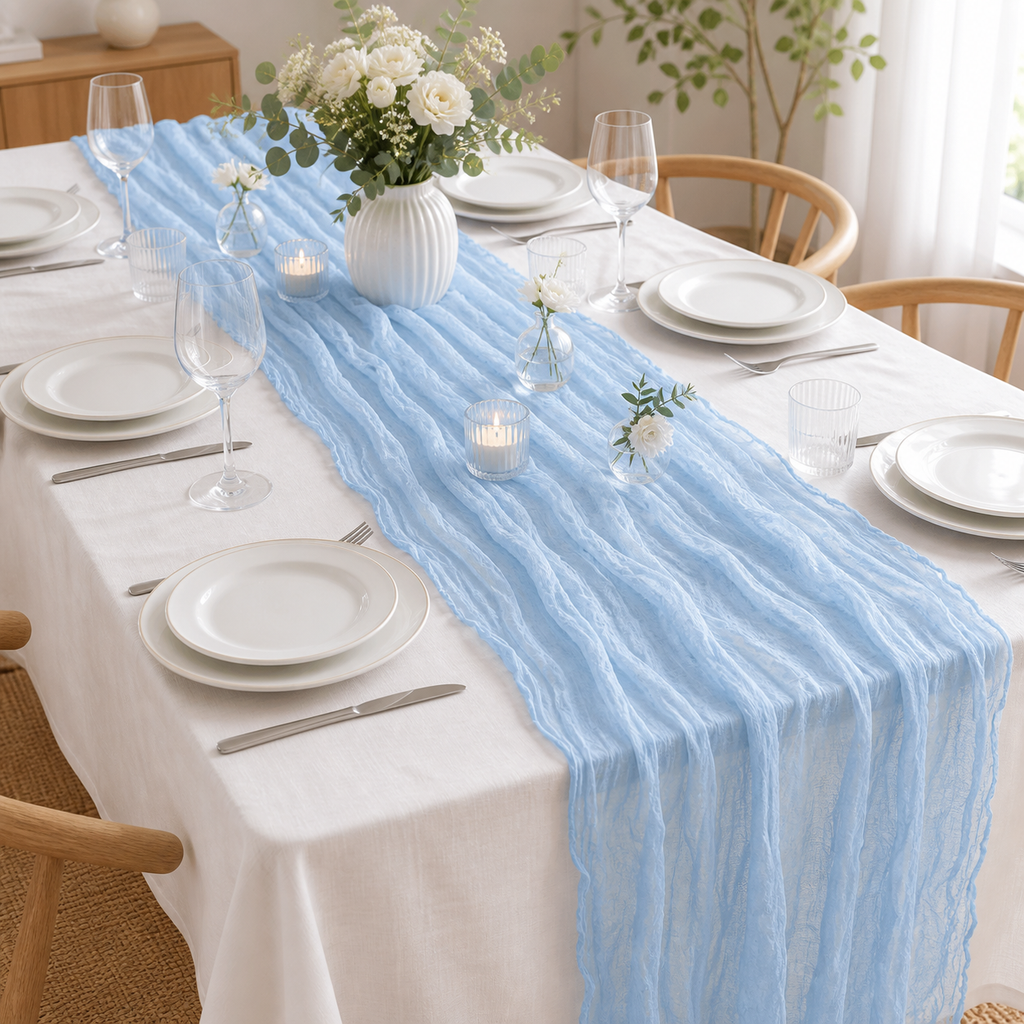 Cozy Haven Semi-Sheer Sky Blue Gauze Wedding Table Runner Cheese - Cozy Haven lifestyle image