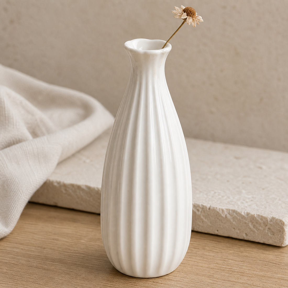 Cozy Haven White Ribbed Ceramic Bottle Vase