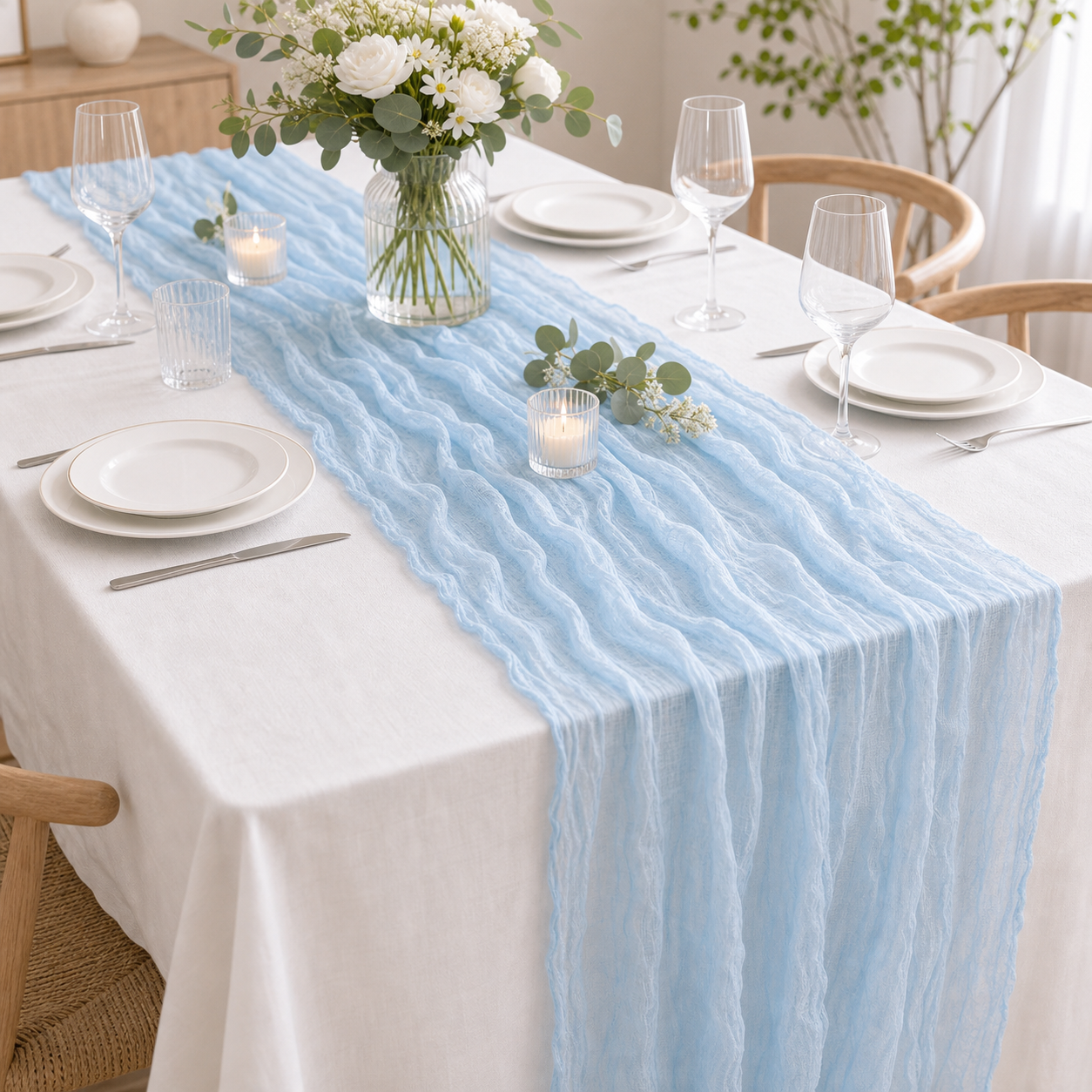 Cozy Haven Semi-Sheer Sky Blue Gauze Wedding Table Runner Cheese - Cozy Haven lifestyle image