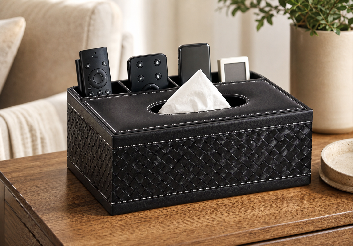Cozy Haven Elegant Faux Leather Tissue Box Cover With Remote Hol - Cozy Haven lifestyle image