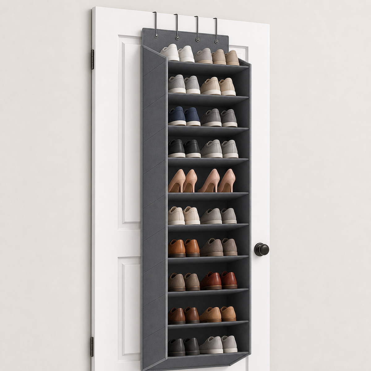 Cozy Haven Over-Door Shoe Pocket Organizer styled in a home setting